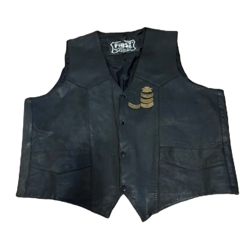 Vintage First Genuine Leather Vest Sz 50 Biker Harley Davidson Pin Hog Owner